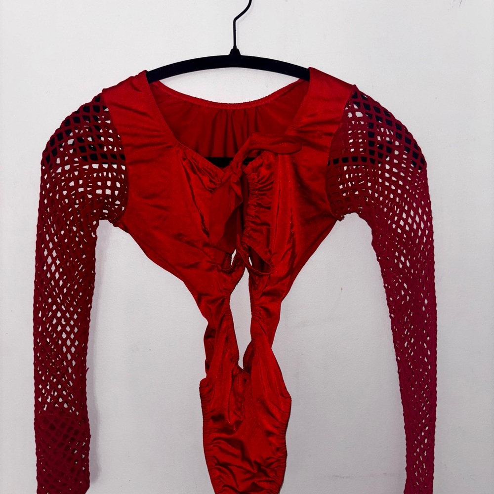 Red Long Sleeve Cutout Top Bottle girl or rave